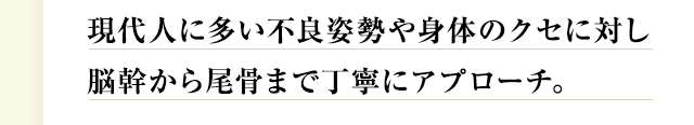 現代人に多い不良姿勢や身体のクセに対し脳幹から尾骨まで丁寧にアプローチ。