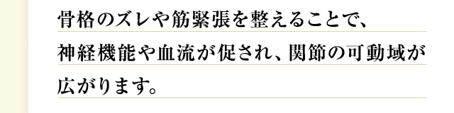 骨格のズレや筋緊張を整えることで、神経機能や血流が促され、関節の可動域が広がります。